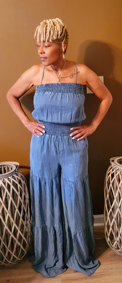 Denim flare leg jumpsuit