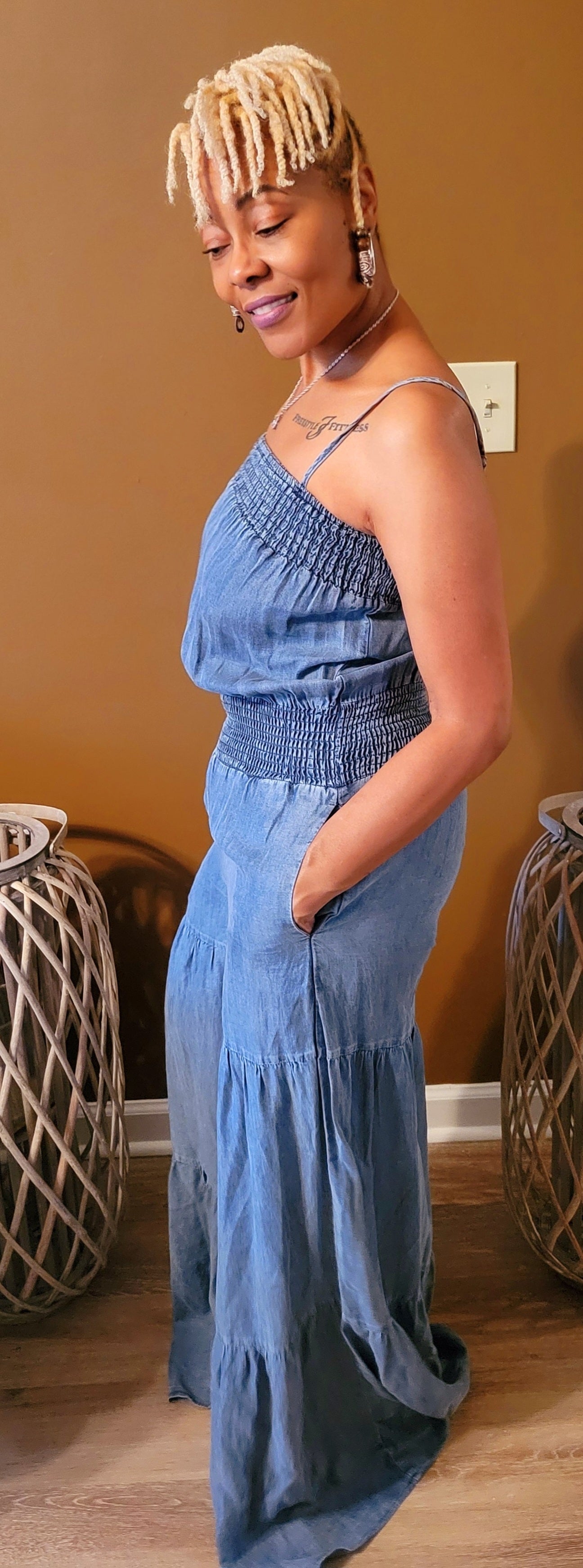 Denim flare leg jumpsuit