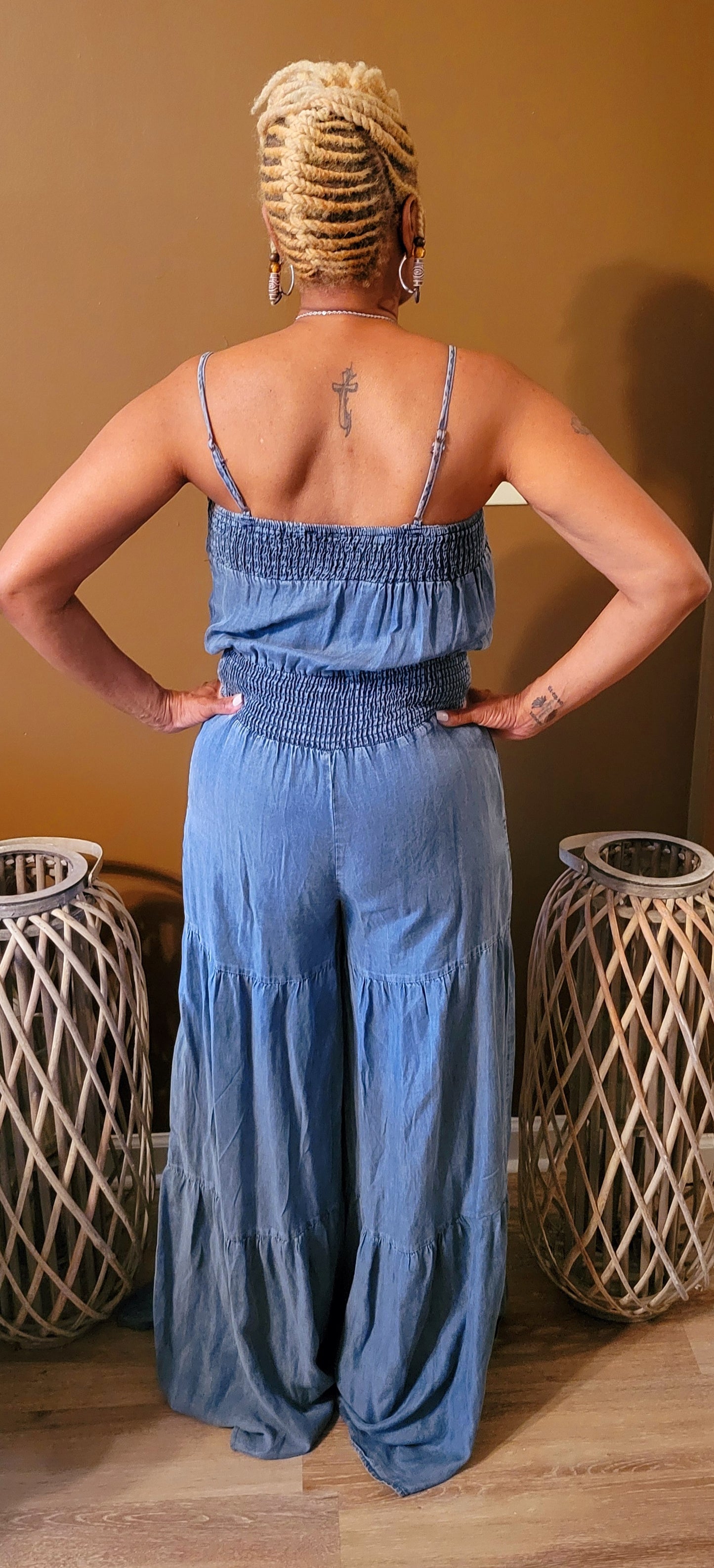 Denim flare leg jumpsuit